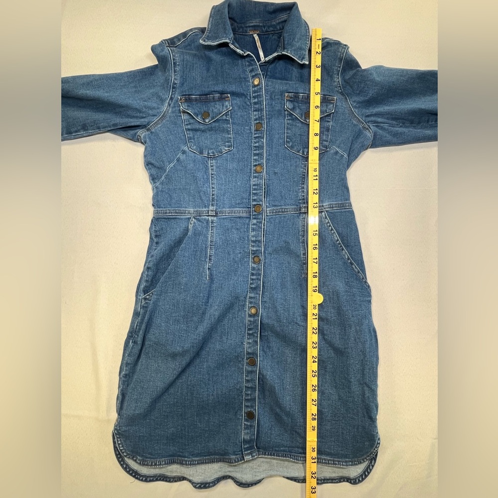 Free People Long Sleeve Snap Front Blue Stretch Mini Denim Dress Tunic Medium - Picture 12 of 12
